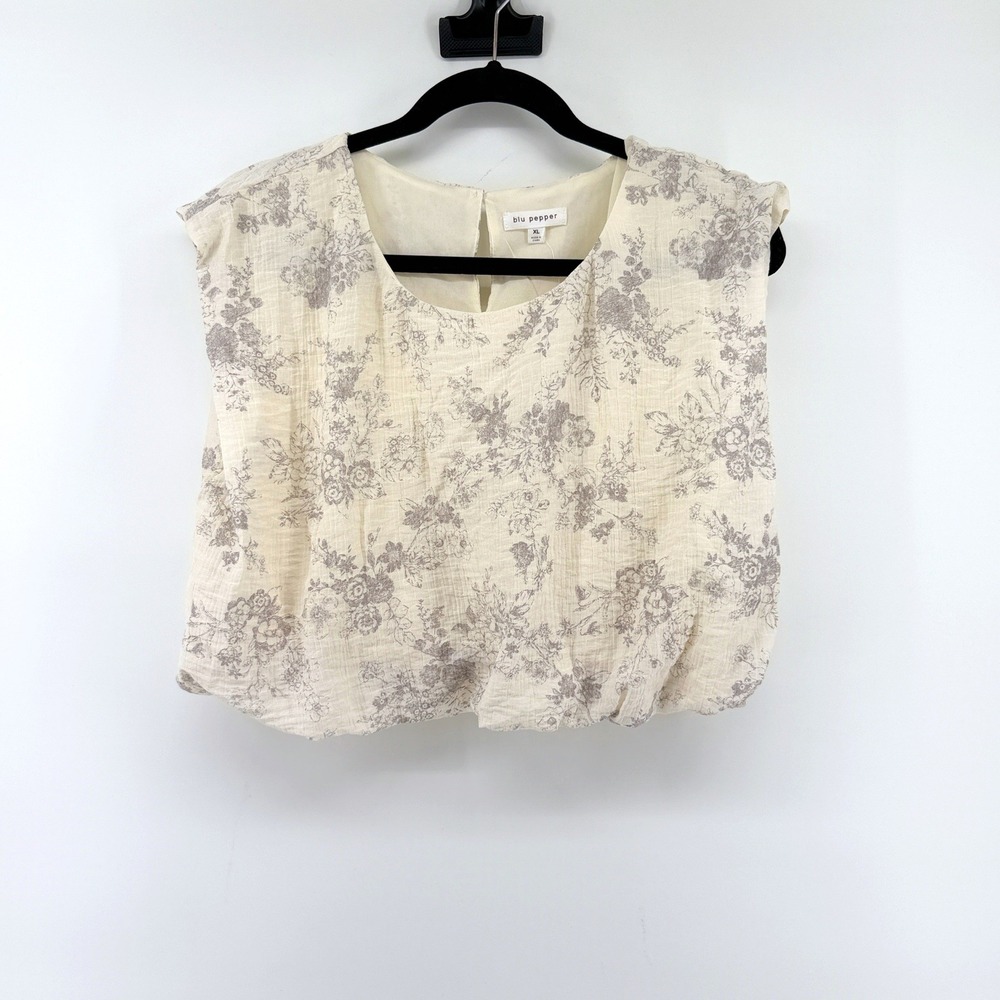 Blu Pepper Blouse Floral Bubble Hem XL Cream Womens Sleeveless Boho Crop Top